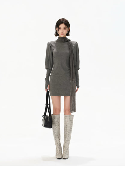 Minimalist Draped Turtleneck Knit Mini Dress with Tassel Ties