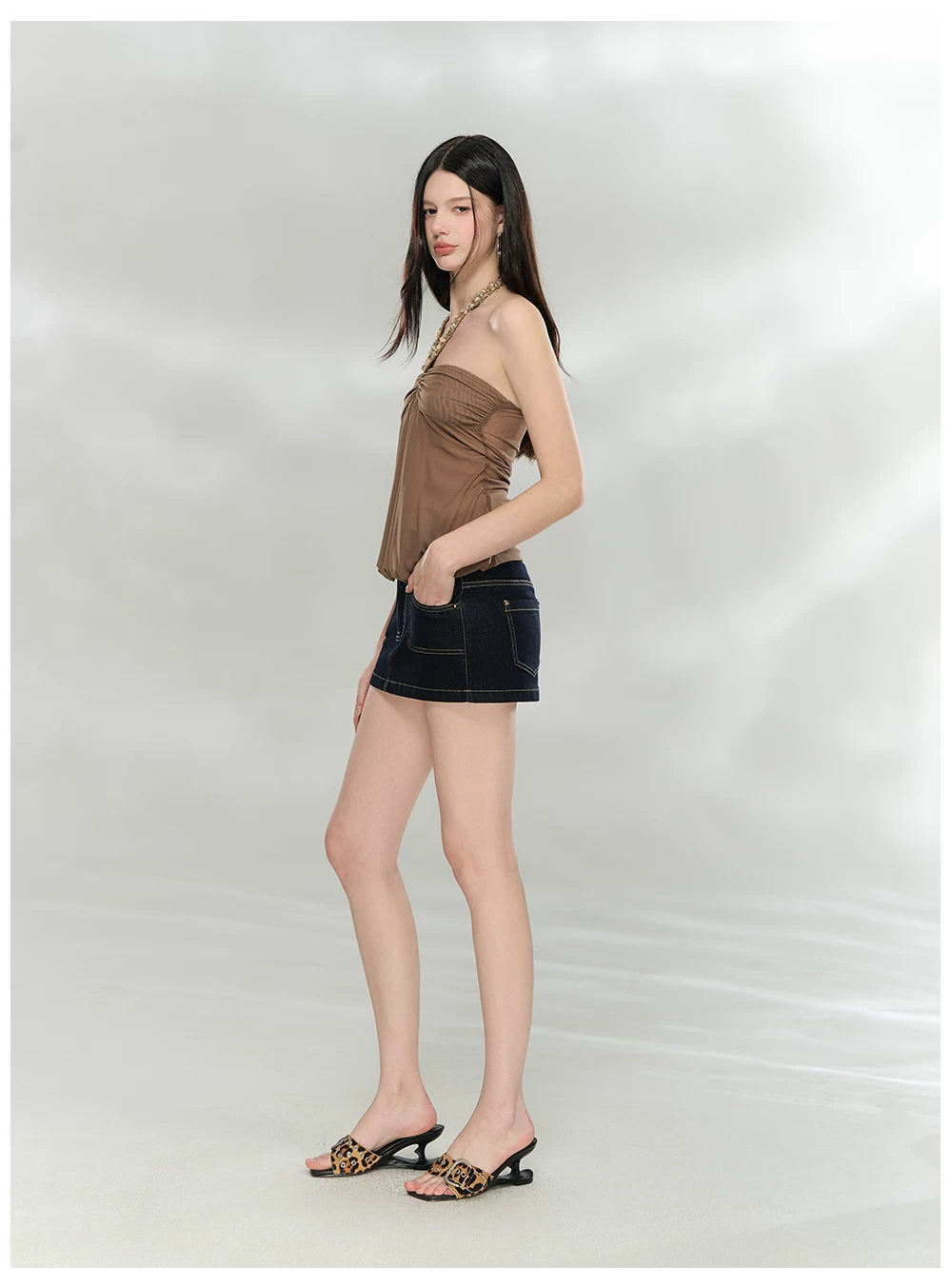 Sheer Double-Layer Mesh Halter Backless Top