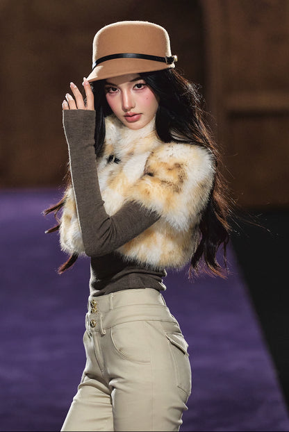 Ombre Short Faux Fur High-Neck Cropped Jacket