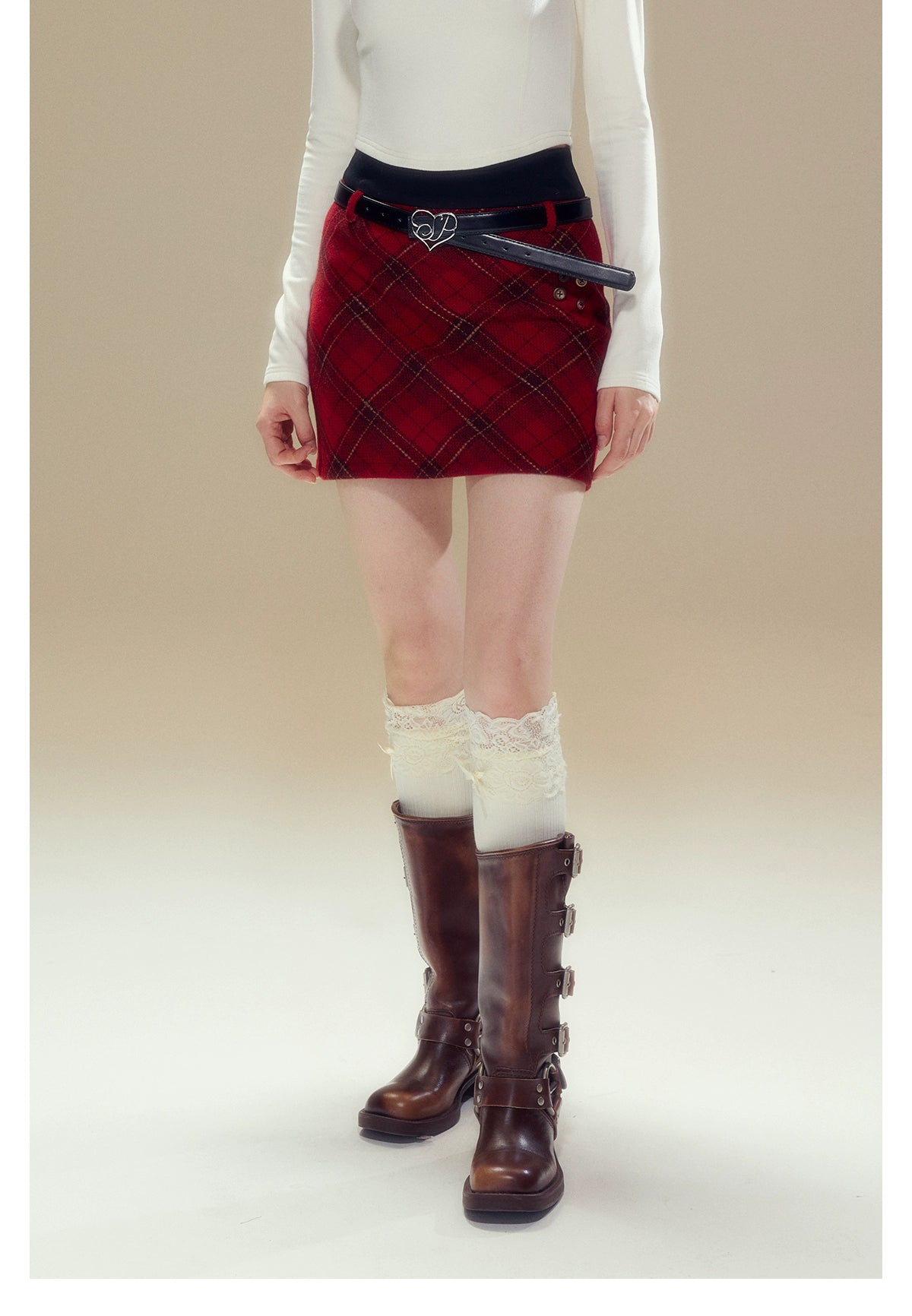 Red Vintage Plaid Woolen Skirt - CHINASQUAD