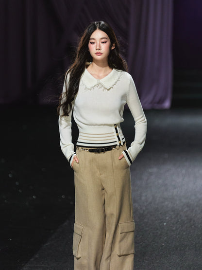 Black &amp; Gold Striped Contrast Collar Knit Sweater