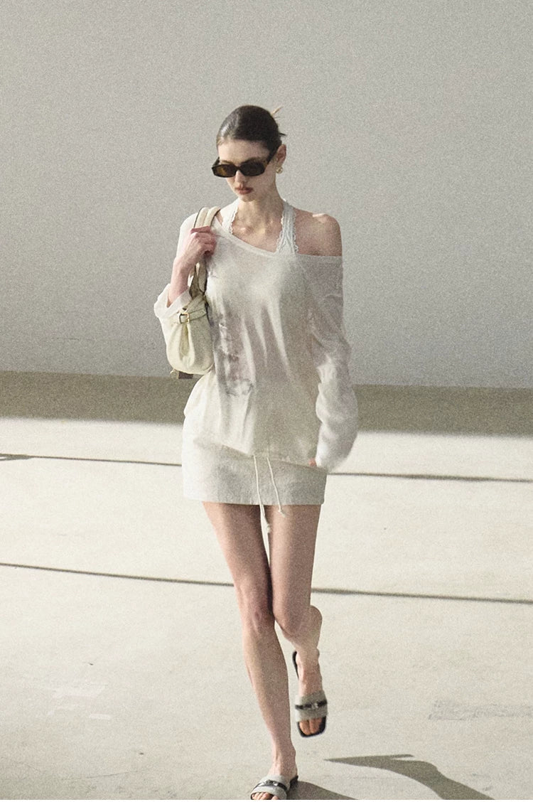 Asymmetric Wool-Modal Lightweight Off-Shoulder Knit T-shirt