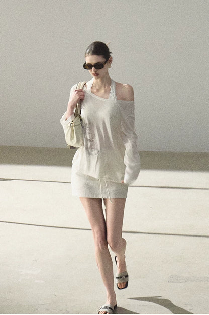 Asymmetric Wool-Modal Lightweight Off-Shoulder Knit T-shirt
