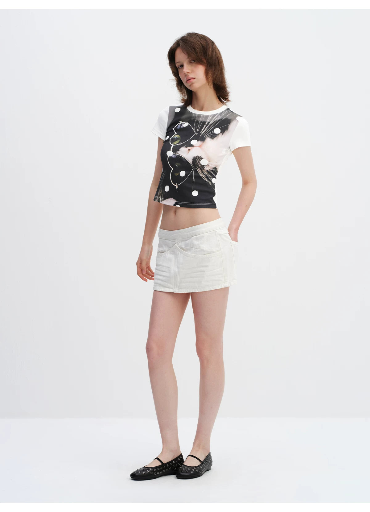 Playful Cat Polka Dot Cropped T-Shirt