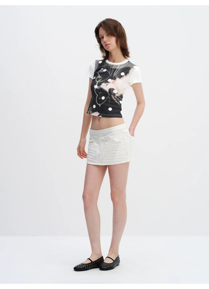 Playful Cat Polka Dot Cropped T-Shirt