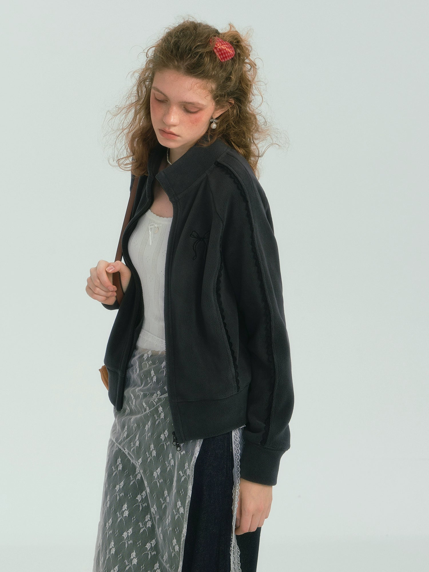 Fleece Lace-Trim Stand Collar Jacket