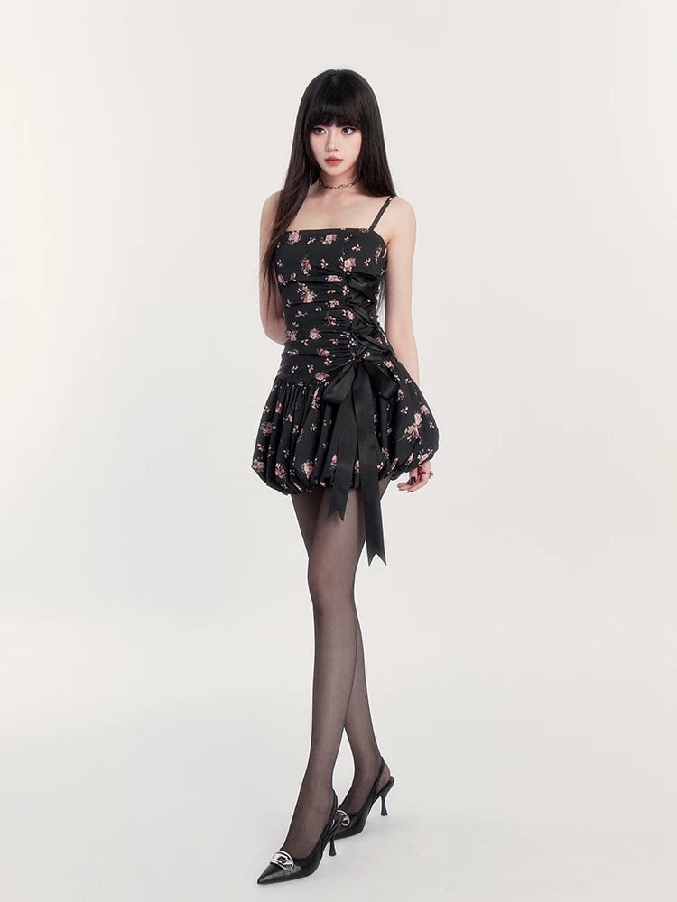 Dream French Floral Bow Waist Puff Dress