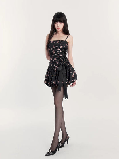 Dream French Floral Bow Waist Puff Dress