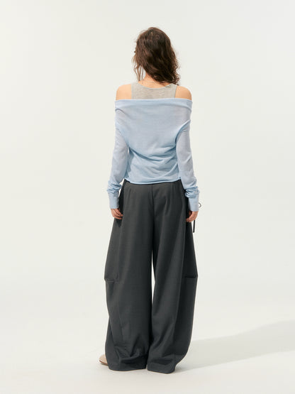 Fake Two-Piece Color-Block Draped Collar Knit Top - CHINASQUAD