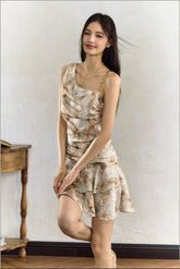 Beige Tie-Dye Off-Shoulder Dress - CHINASQUAD