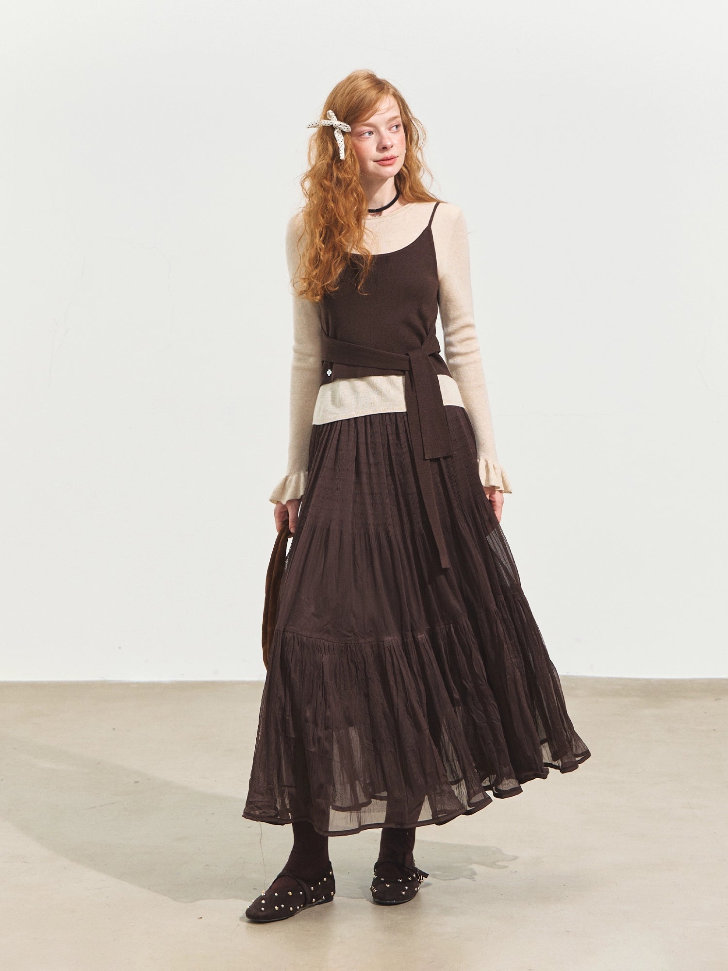 Contrast-Tie Layered Crewneck Knit Sweater