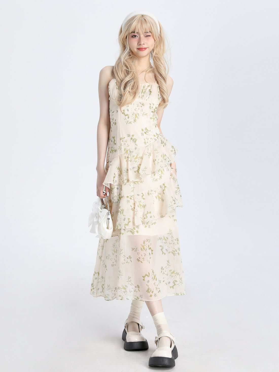 Ruffled Floral Print Strapless Dress