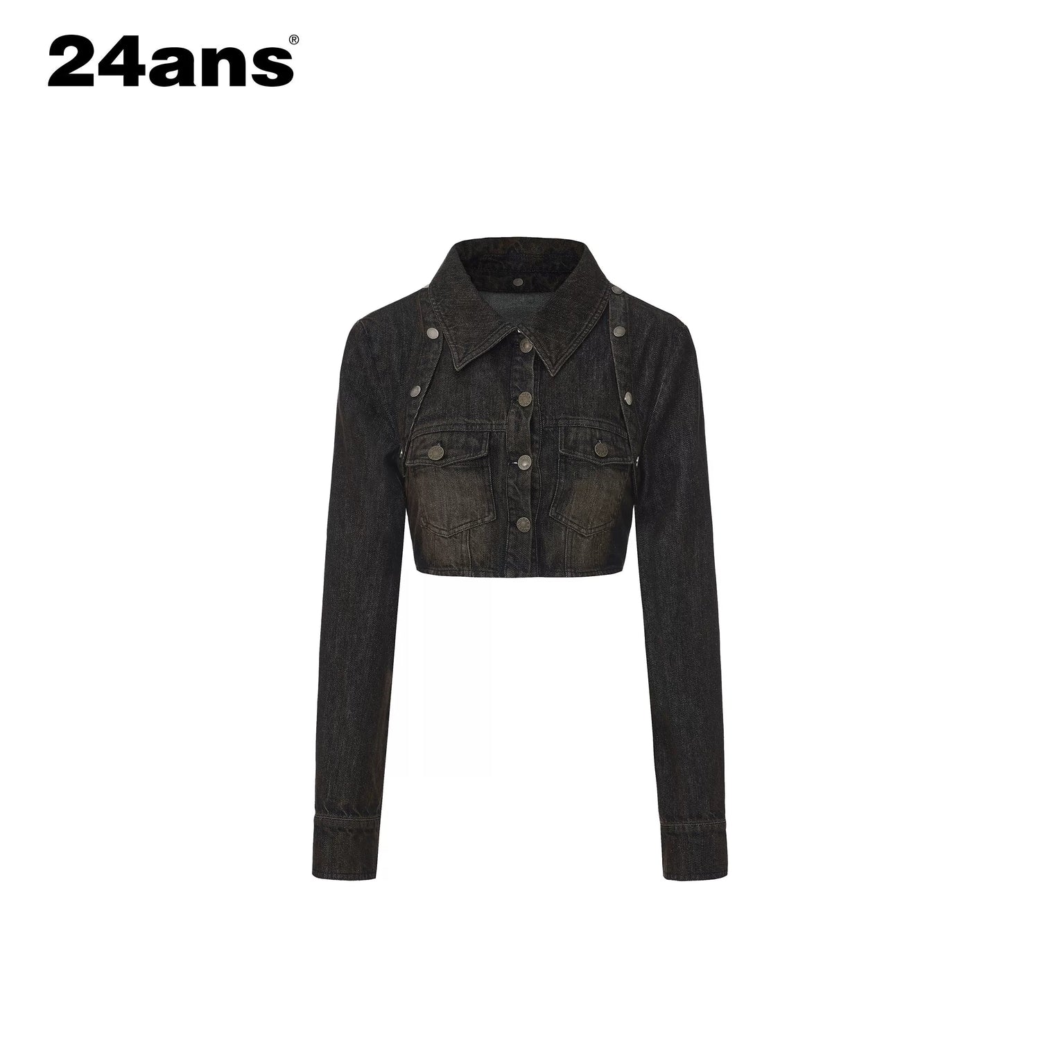 Y2K Washed Denim Cropped Set with Embroidered Patch Detail