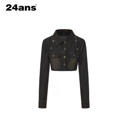 Y2K Washed Denim Cropped Set with Embroidered Patch Detail