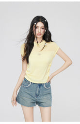 Yellow & Black Hollow Ruffled Knitted T-shirt - CHINASQUAD