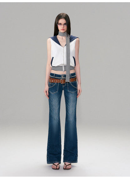 Color-Block Nautical Sailor Collar Sleeveless Top