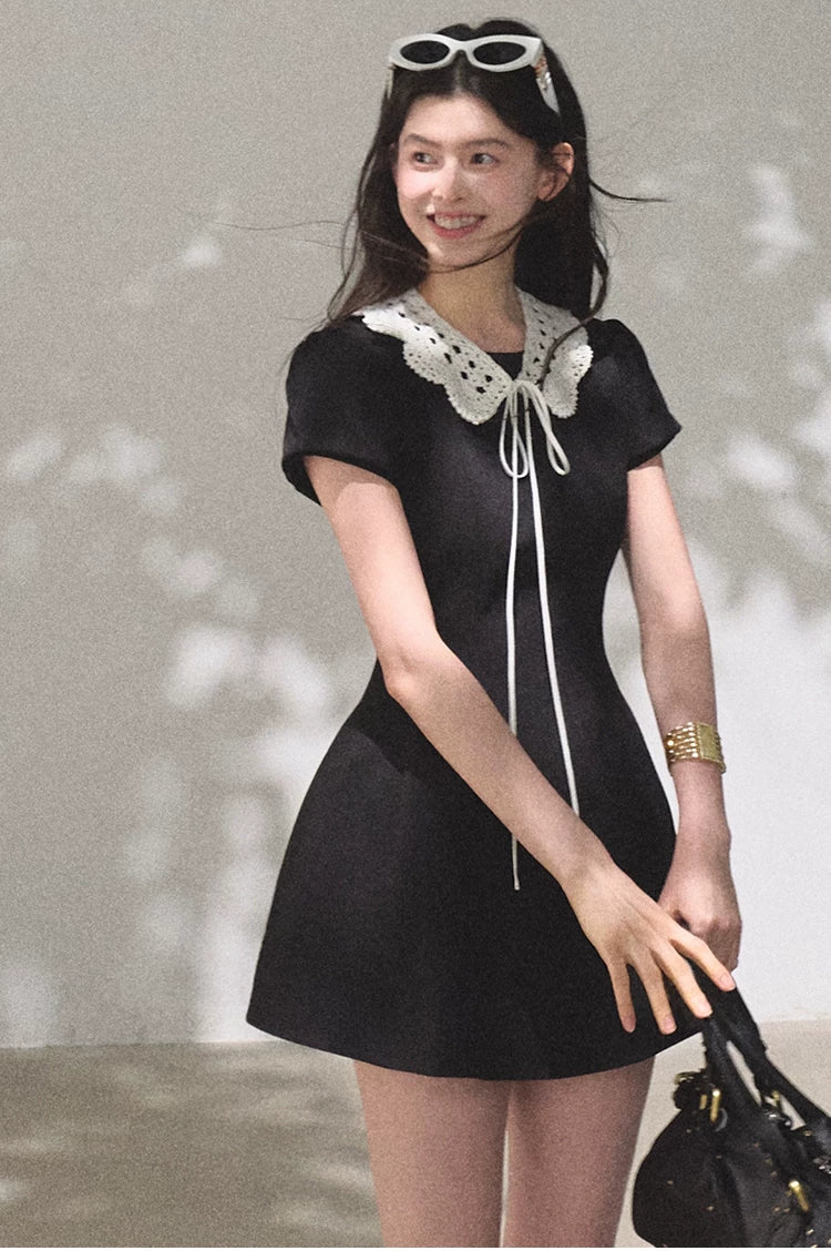Detachable Crocheted Peter Pan Collar Cinched-Waist Mini Dress