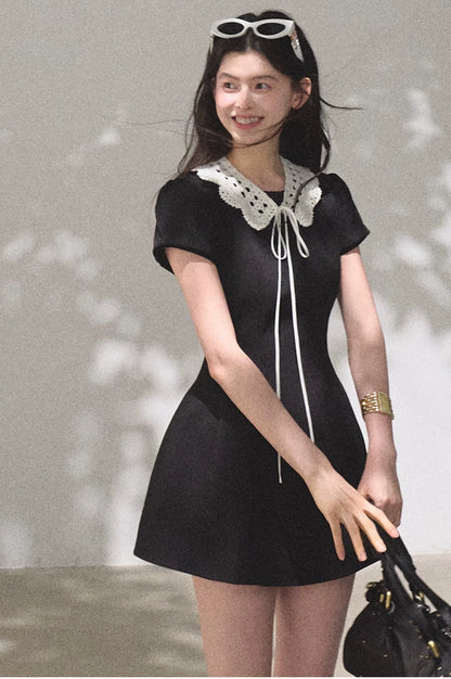 Detachable Crocheted Peter Pan Collar Cinched-Waist Mini Dress