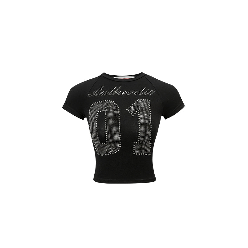Rhinestone-studded Cropped T-shirt - CHINASQUAD