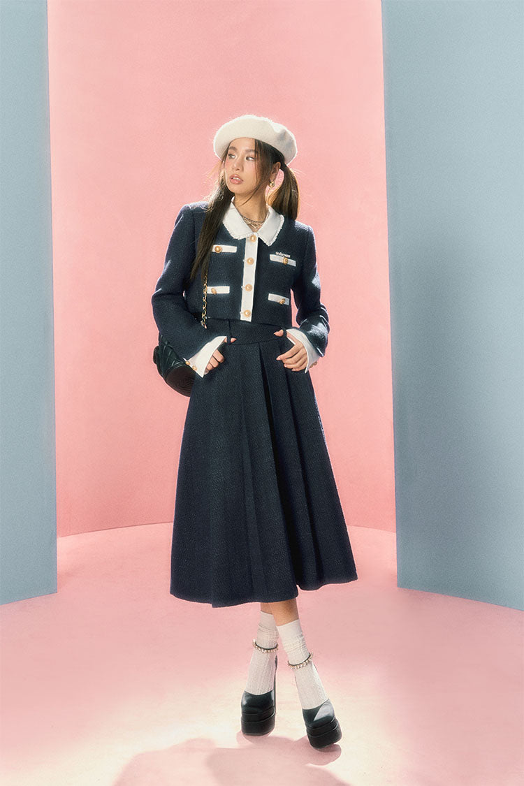 Doll collar college Jacket &amp; Long Skirt Set - CHINASQUAD