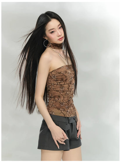 Floral Mesh Choker-Neck Strapless Top