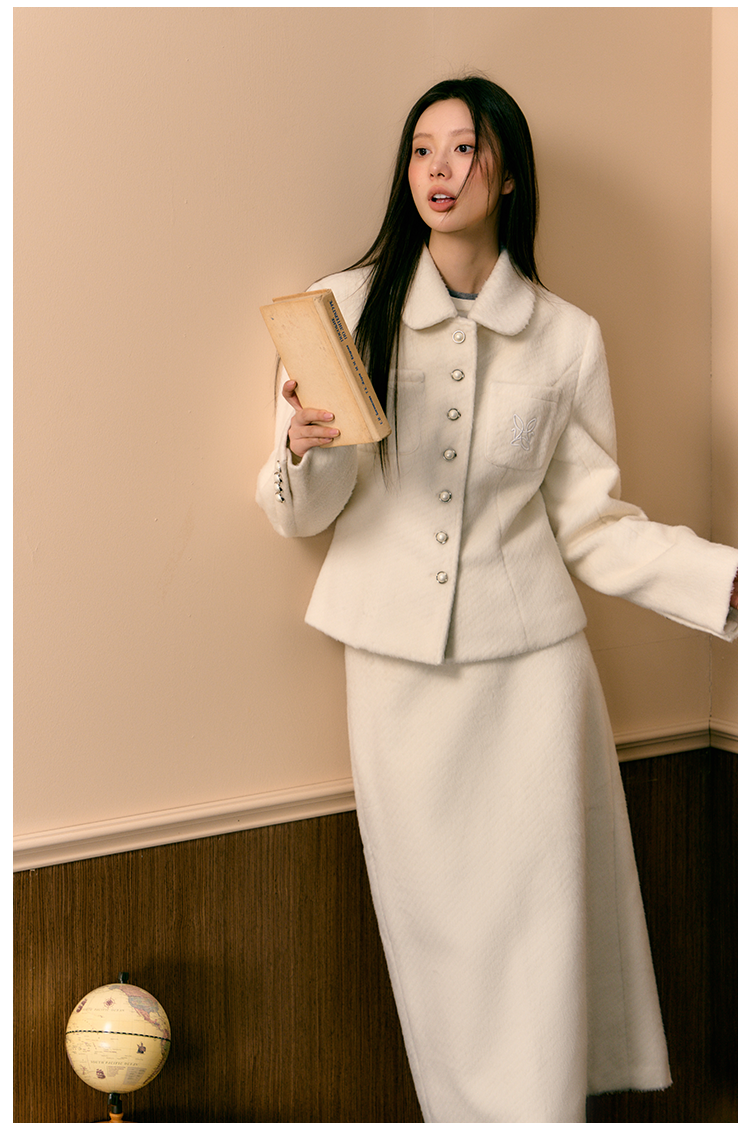White Slim Woolen Jacket &amp; Skirt Set - CHINASQUAD