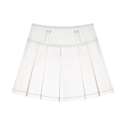 High-Waisted Washed Denim Pleated Mini Skirt