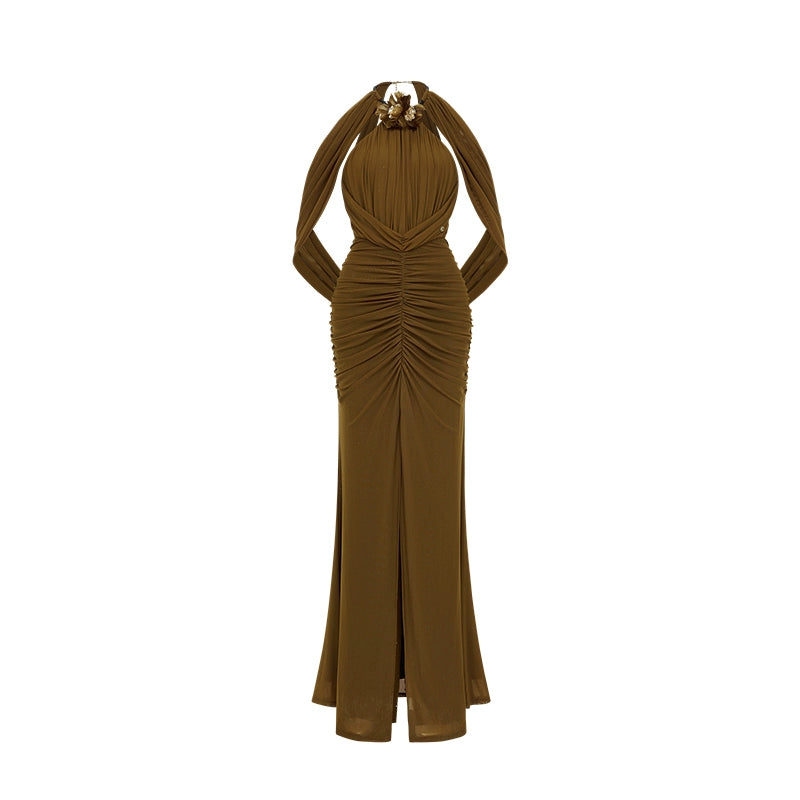 Deva Halter Backless Draped Split Maxi Dress