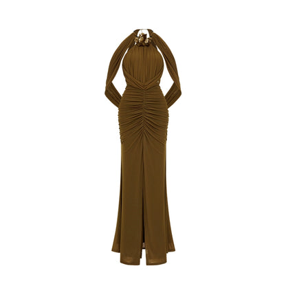 Deva Halter Backless Draped Split Maxi Dress