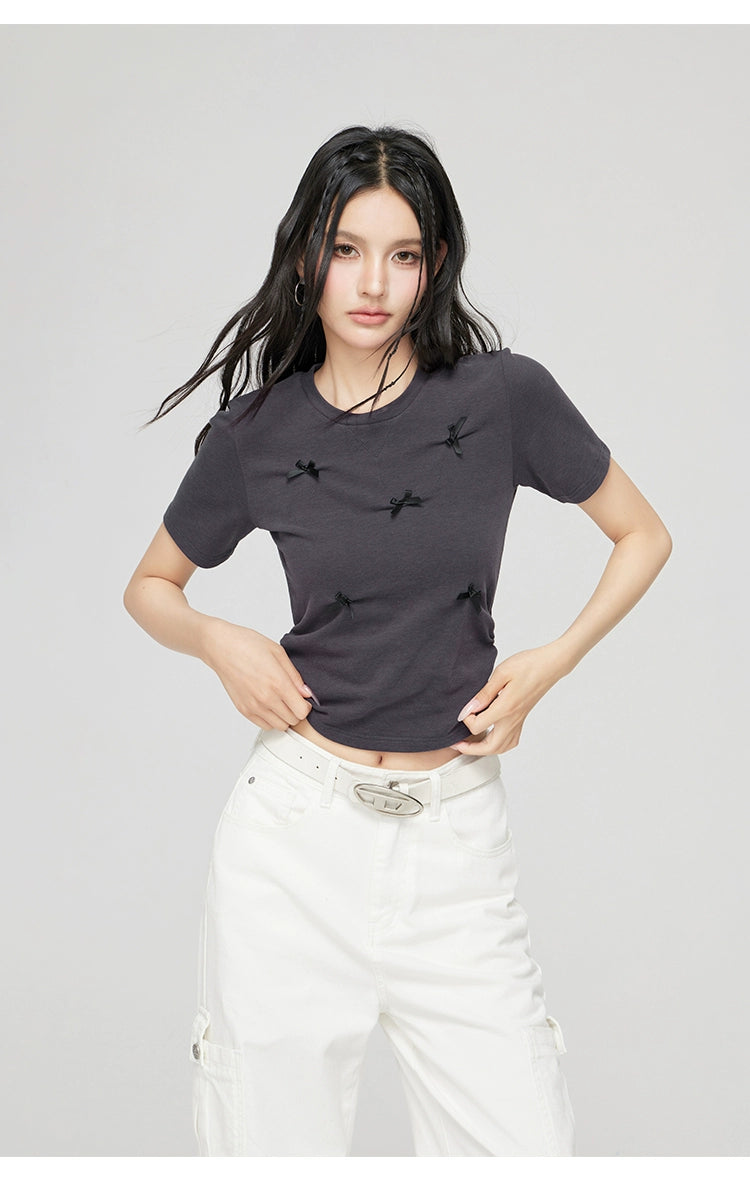 Off-white &amp; Gray Bow Tie Ruffled T-shirt - CHINASQUAD