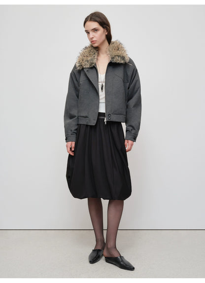 Detachable Fur Collar Knit Zip-Up Jacket