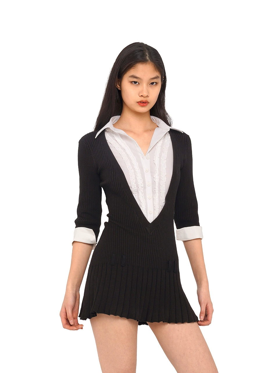 V-Neck Shirt Collar Pleated Mini Dress