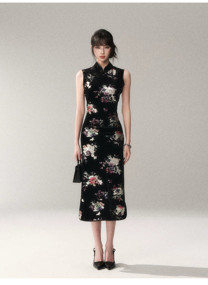 Gilded Velvet Floral Cheongsam Dress