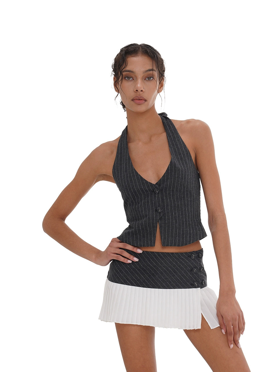 Grey Pinstriped Halter Vest Top &amp; Skirt Set