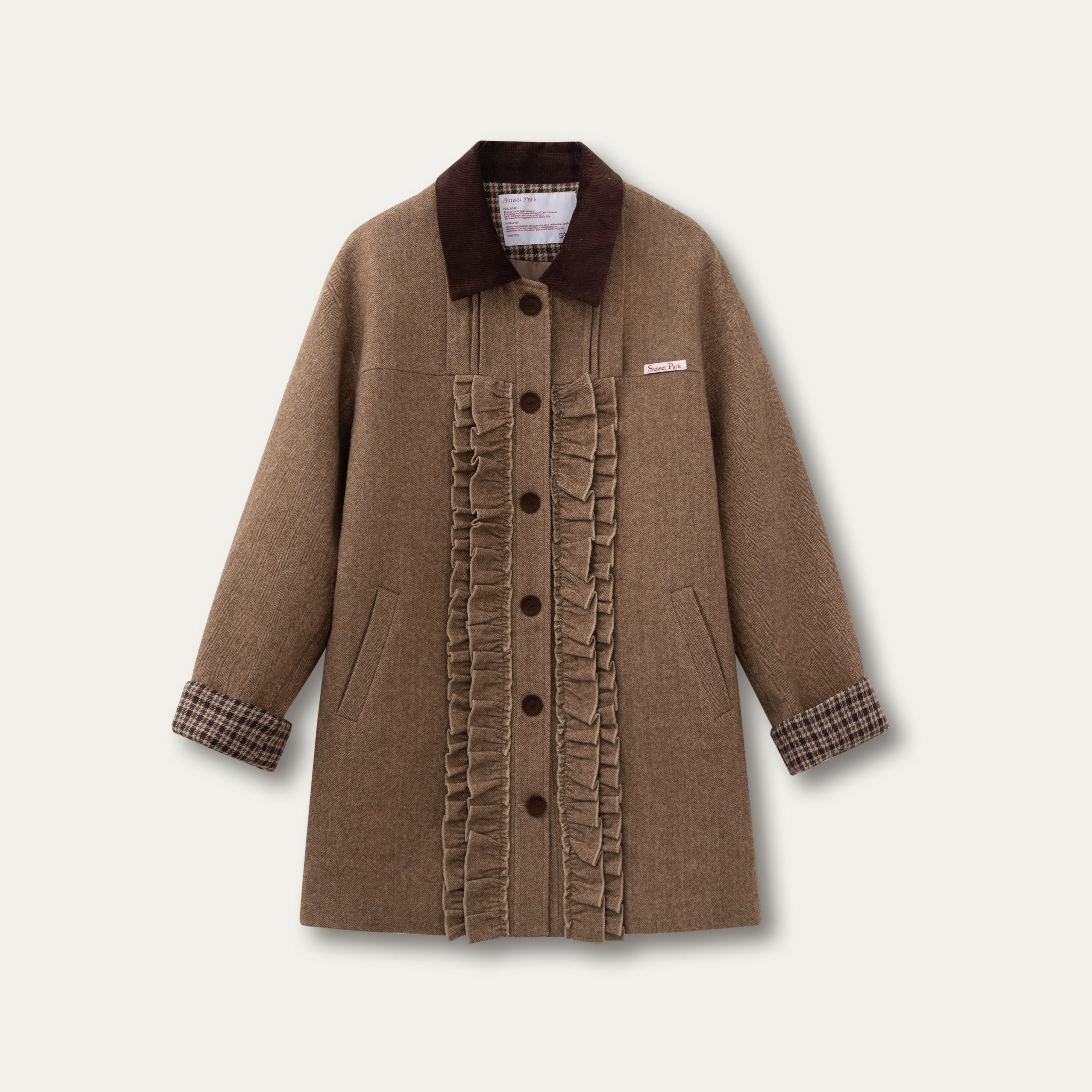 Vintage Khaki Wool Blend Ruffle-Trim Coat