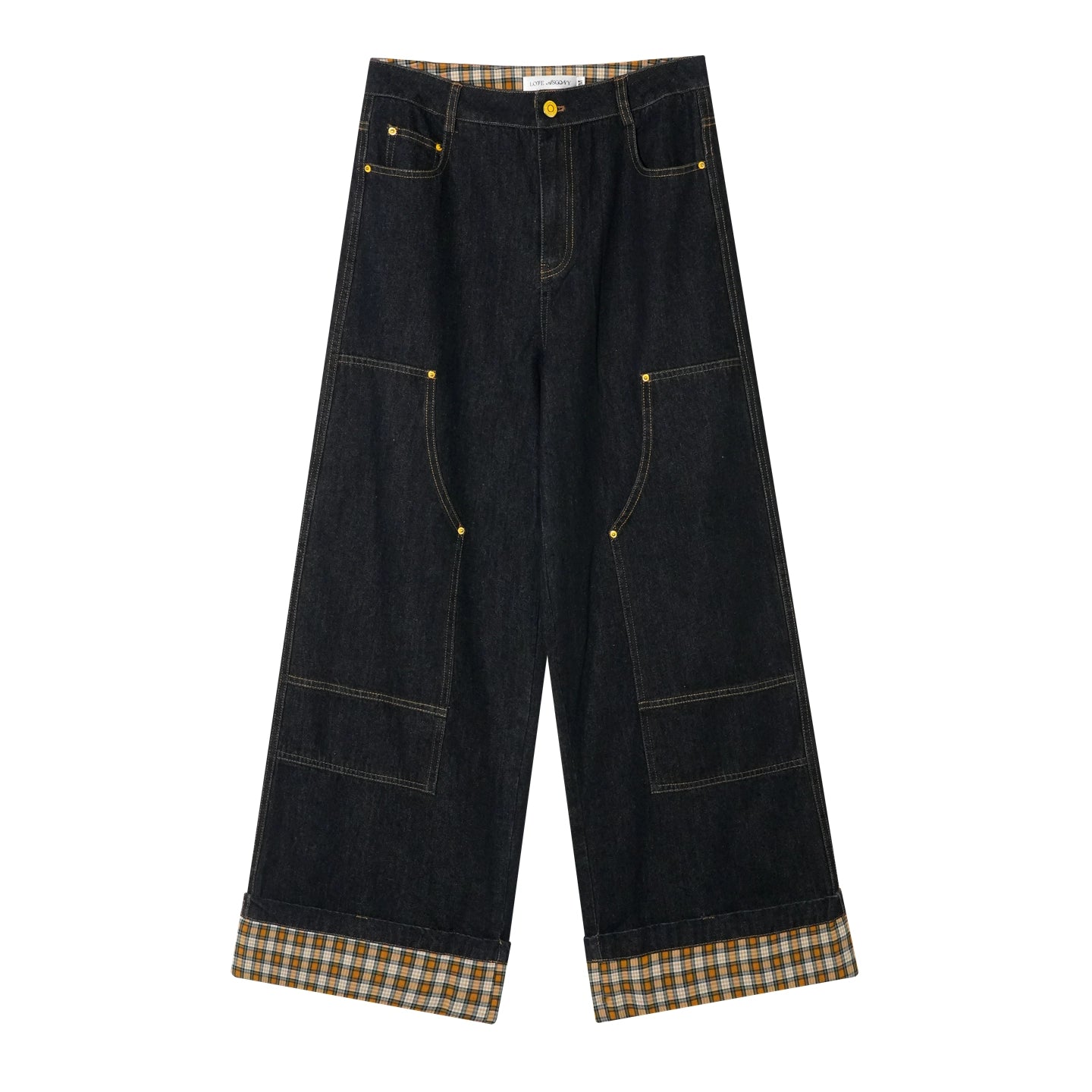 Plaid Cuff Wide-Leg Jeans
