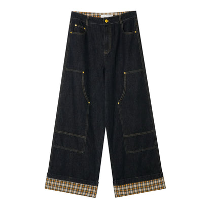 Plaid Cuff Wide-Leg Jeans