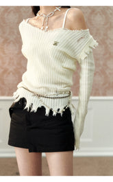 Khaki & Off-white Frayed Edge Sweater - CHINASQUAD