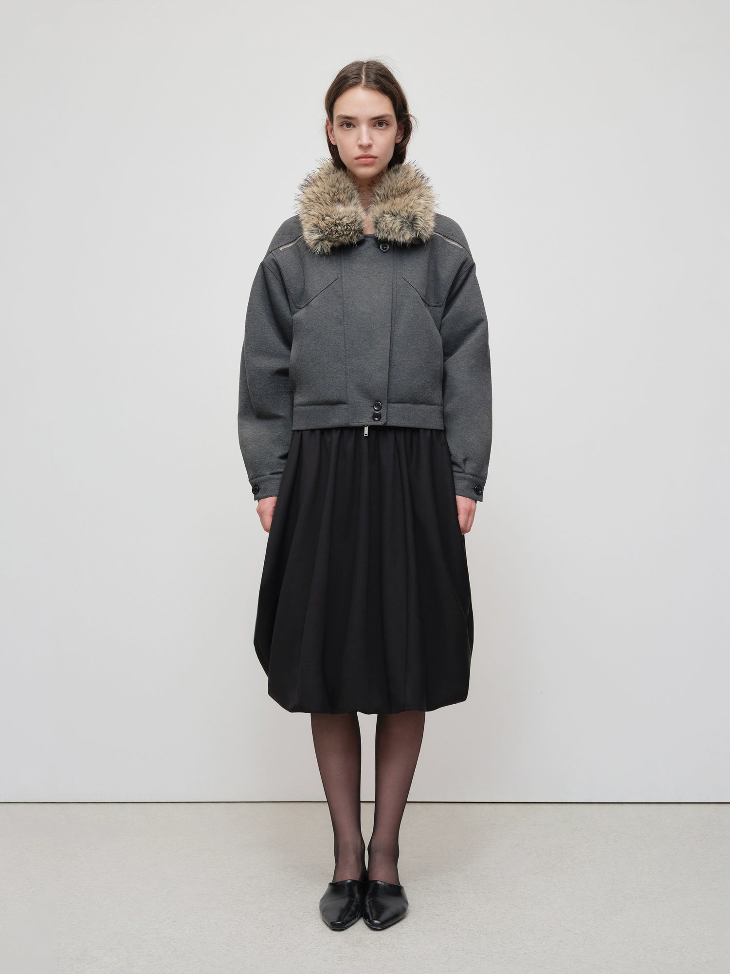 Detachable Fur Collar Knit Zip-Up Jacket