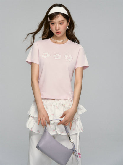 Flower Applique Round Neck T-shirt