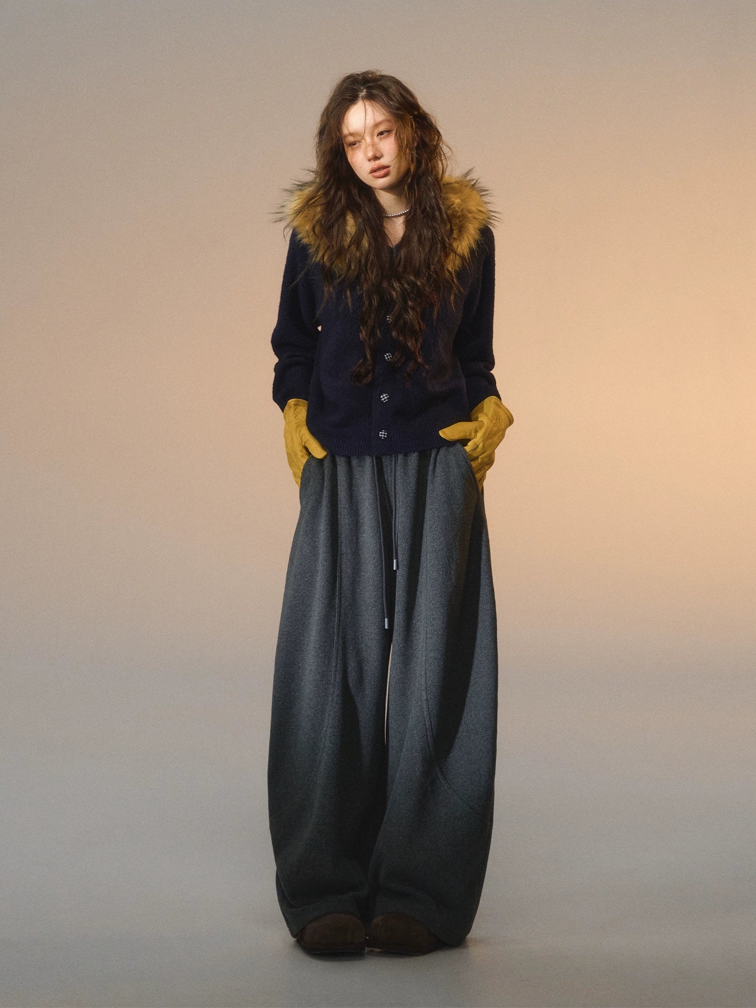 Detachable Fur-Collar Fleece Hooded Cardigan