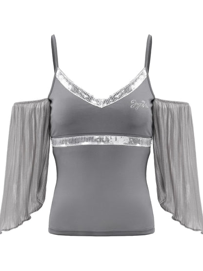 Grey Sequin-Trim V-Neck Pleated Sleeve Camisole