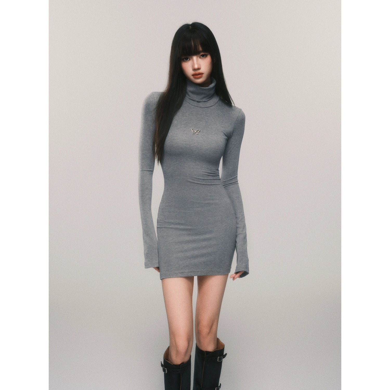 Slim-Fit Turtleneck Flared-Sleeve Knit Dress