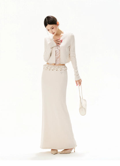 Apricot Lace Panel Knit Two-Piece Set