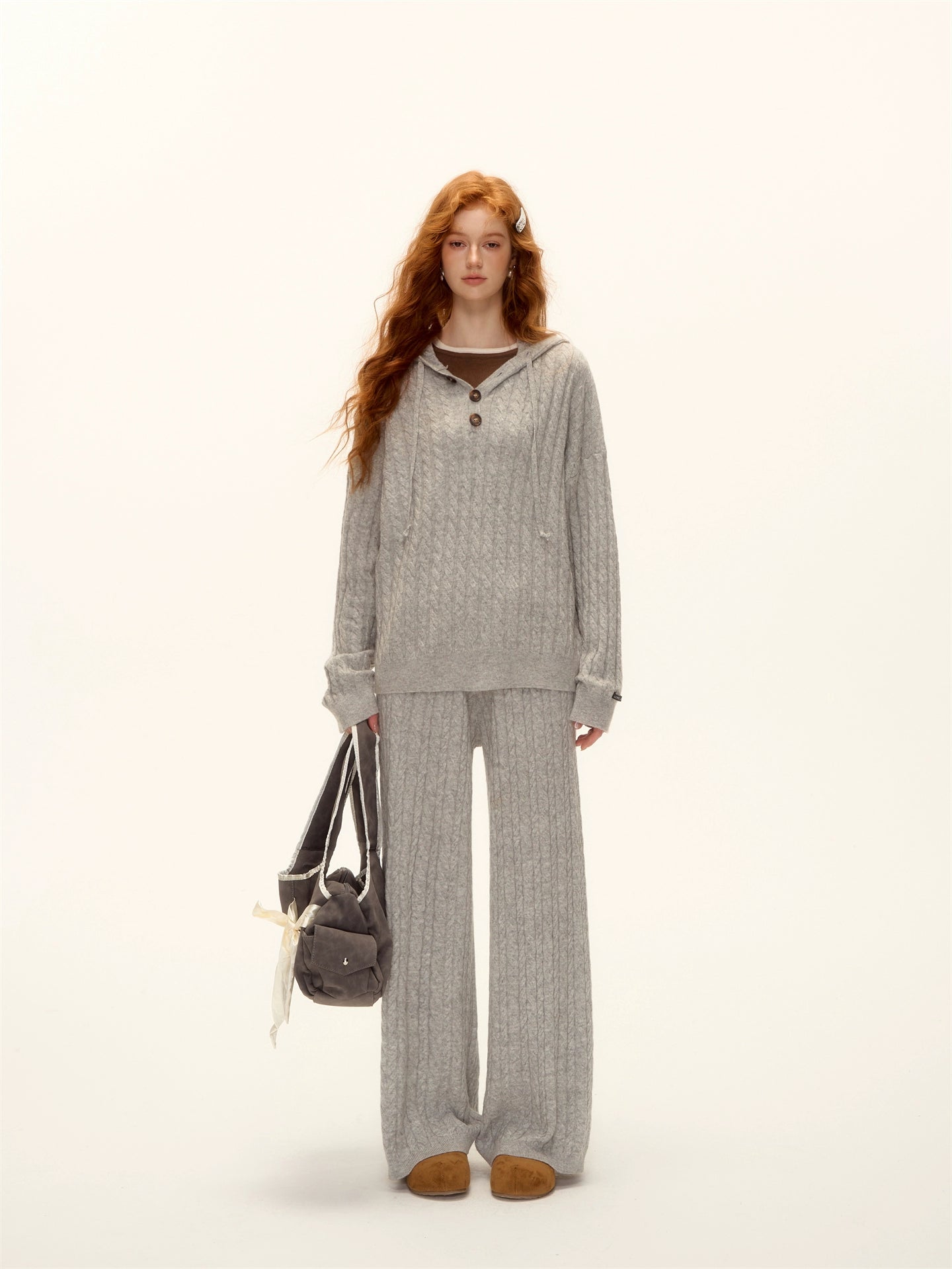 Wool Blend Cable-Knit Hoodie &amp; Wide-Leg Pants Set