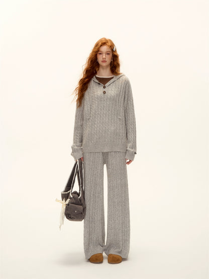 Wool Blend Cable-Knit Hoodie &amp; Wide-Leg Pants Set