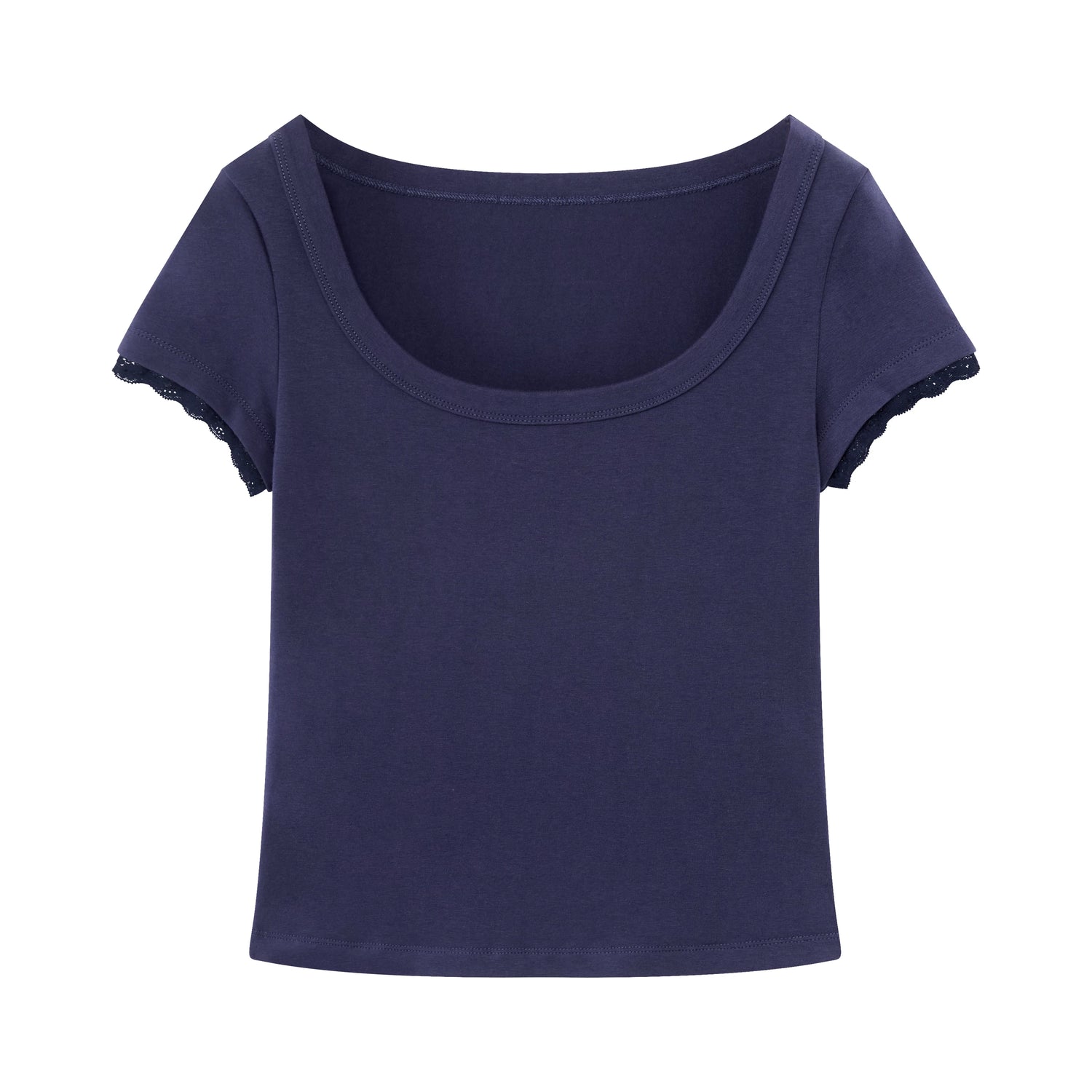 Lace Trim Scoop Neck Fitted Cotton T-Shirt