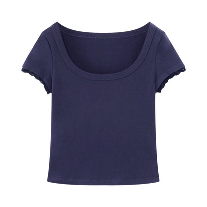 Lace Trim Scoop Neck Fitted Cotton T-Shirt