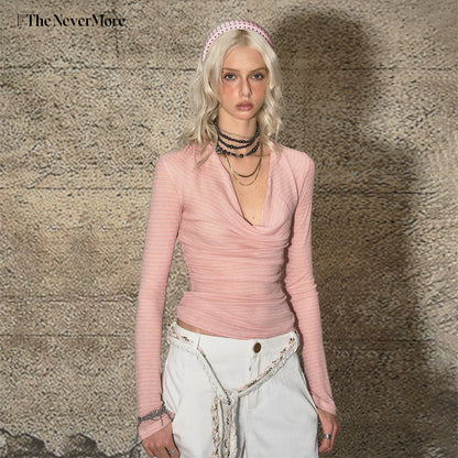 Striped Draped-Neck Knit T-shirt