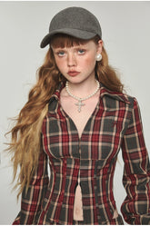 Plaid V-neck Fishbone Shirt - CHINASQUAD